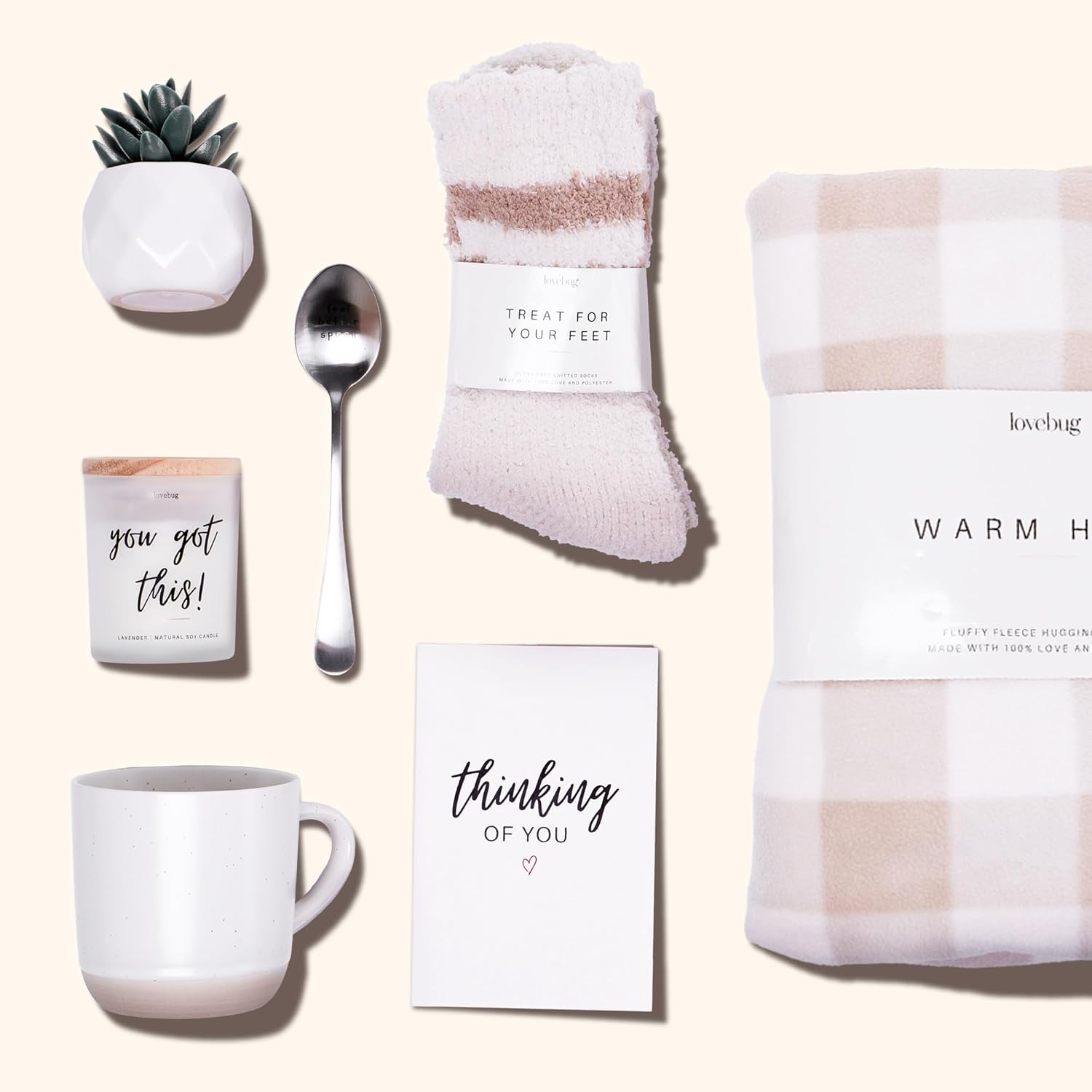 lovebug Get Well Soon Gift Basket for Women – After Surgery Gifts, Feel Better Care Package with Blanket, Candle, Socks, Mug, Spoon, Succulent – Thinking of You Self Care Gifts for Women Basket