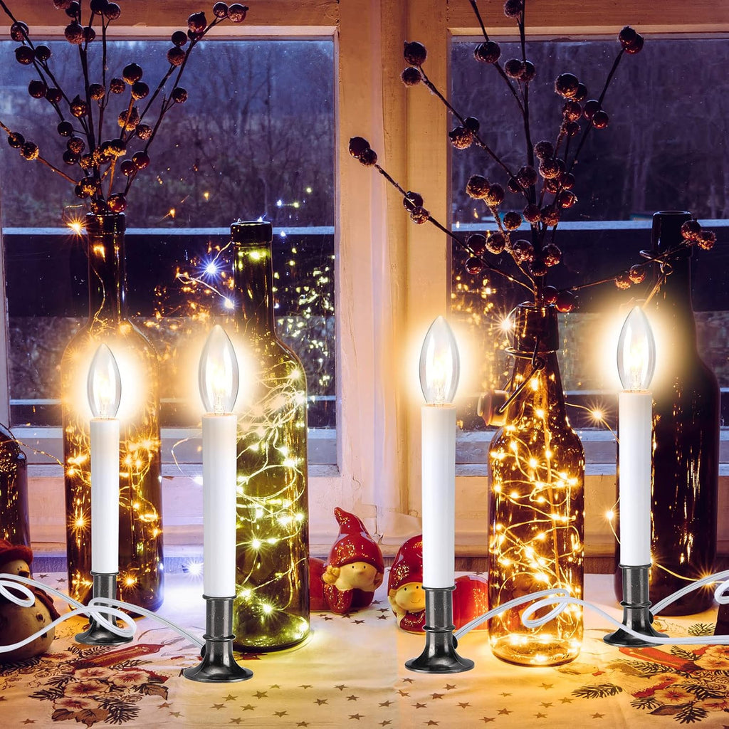 8 Pieces Electric Window Candle with Pewter Plated Base Window Candle Light Sensor Turns with Automatic On/Off for Home Christmas Holiday Party Decorations