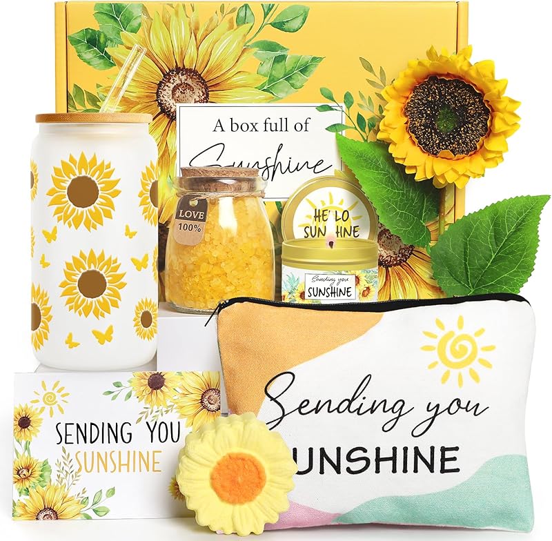 Birthday Gifts for Women, Get Well Soon Gifts Sending Sunshine Sunflower Gift Baskets, Self Care for Women Her Best Friends Bestie Sister Mom Female, Inspirational Gift Christmas Day