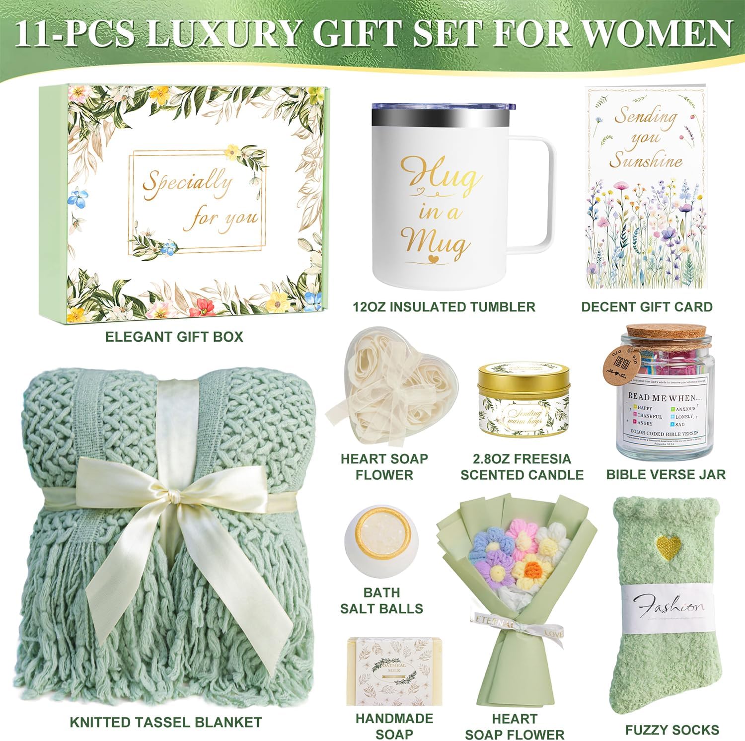 Christmas Gifts for Women, 11 PCS Unique Birthday Gifts for Women, Self Care Gift Baskets, Thank You, Get Well, Sympathy Inspirational Friendship Gifts for Mom, Grandma, Sister,Friends (Sage Green)