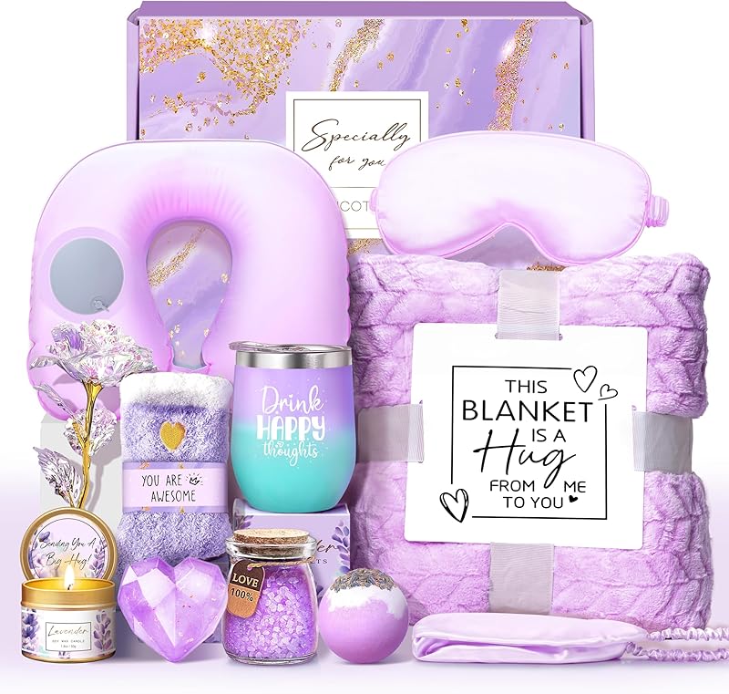LUCOTIYA Birthday Gifts for Women, Self Care Gifts for Women Get Well Soon Care Package, Lavender Relaxing Spa Gift Basket, Unique for Mom, Friends, Sister, Grandma