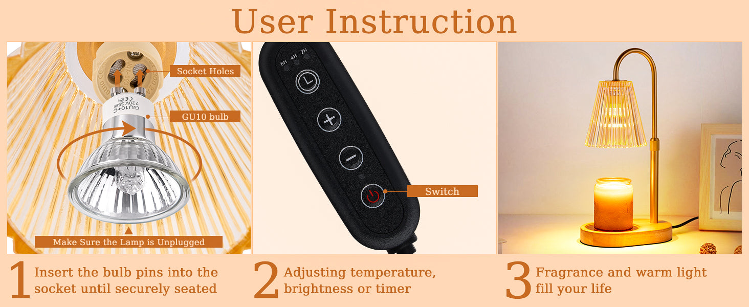 Candle Warmer Lamp with Timer: Electric Candles Wax Warmers Glass Lamps for Jar Candles Burner Adjustable Height and Dimmable Light Modern No Flame Scented Candle Warming Lantern, Amber