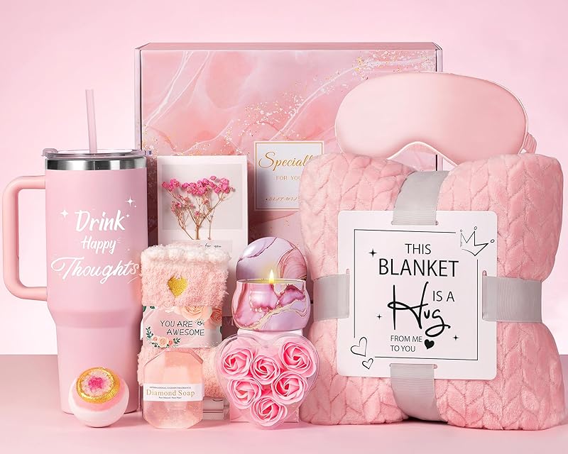 Birthday Gifts for Women Self Care Gifts Get Well Soon Gifts, Happy Birthday Spa Gift Baskets w/Flannel Blanket 40 OZ Tumbler Care Package for Mom Wife Sister Best Friend Her Daughter