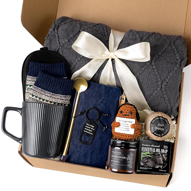 Get Well Soon Gift Baskets for Men, Christmas Birthday Gifts Basket for Man, Self Care Package with Plush Blanket Mug Socks, Thinking Of You/After Surgery/Sympathy Gift for Men Dad Brother Husband