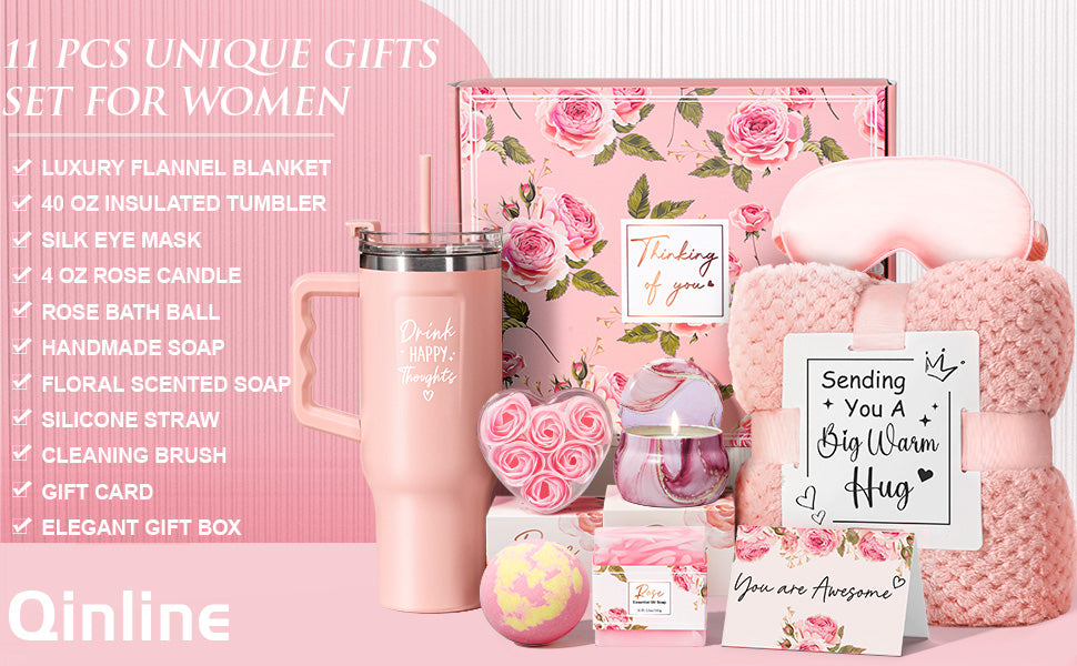 Birthday Gifts for Women Self Care Get Well Soon Gifts, Rose Relaxing Spa Gifts Box Care Package Basket w/ Luxury Flannel Blanket 40 oz Tumbler, Christmas Gifts Set for Mom Her Wife Girlfriend Sister
