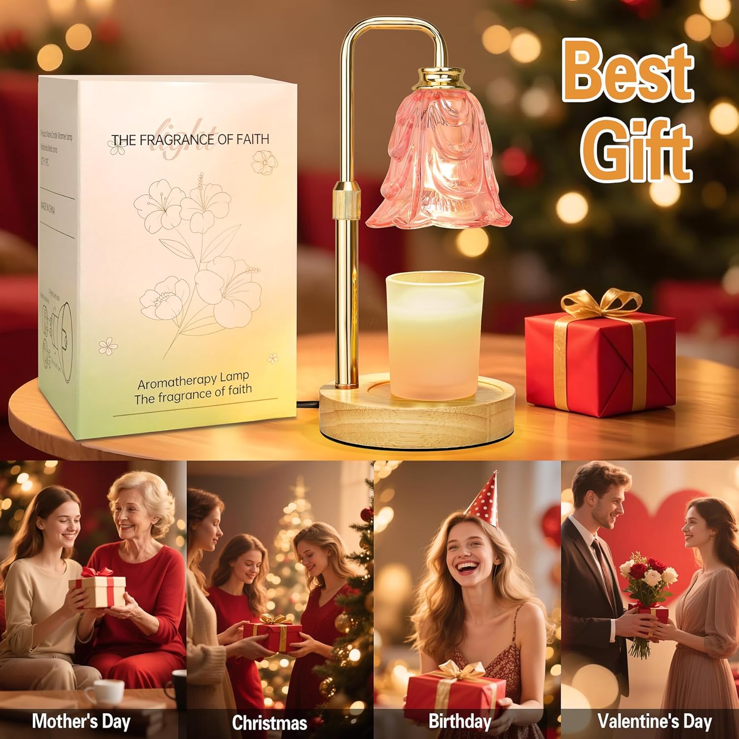 Candle Warmer Lamp with Timer Dimmer, Adjustable Height Pink Tulip Candle Wax Warmer, Christmas Birthday Gift for Mom Women, House Warming Gifts for New Home Bedroom Decor,Flower Pink