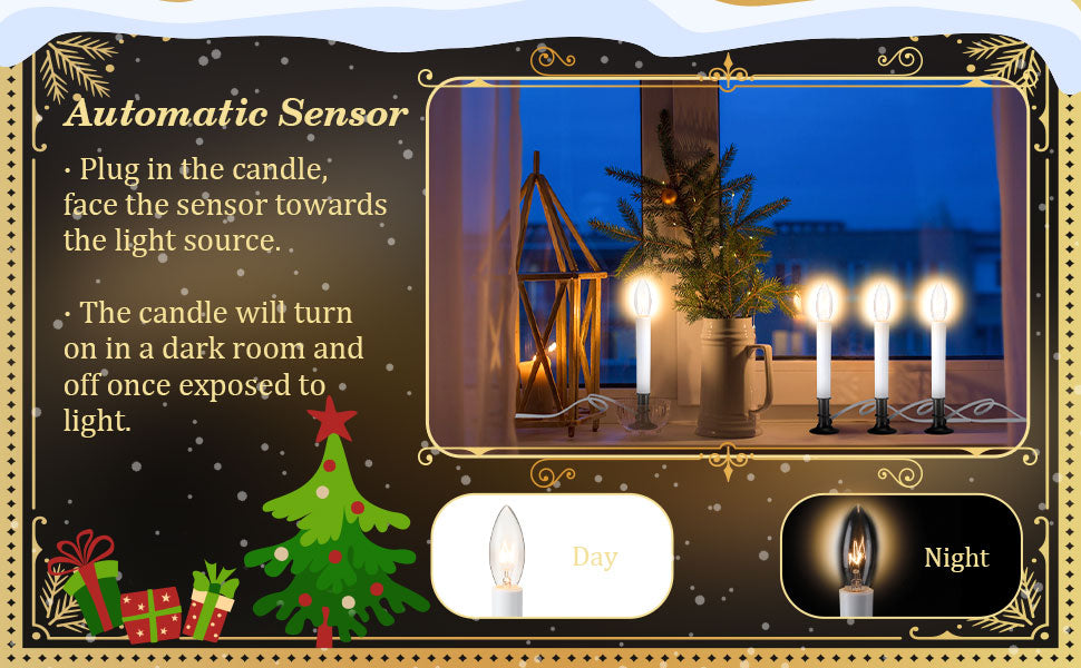 8 Pieces Electric Window Candle with Pewter Plated Base Window Candle Light Sensor Turns with Automatic On/Off for Home Christmas Holiday Party Decorations