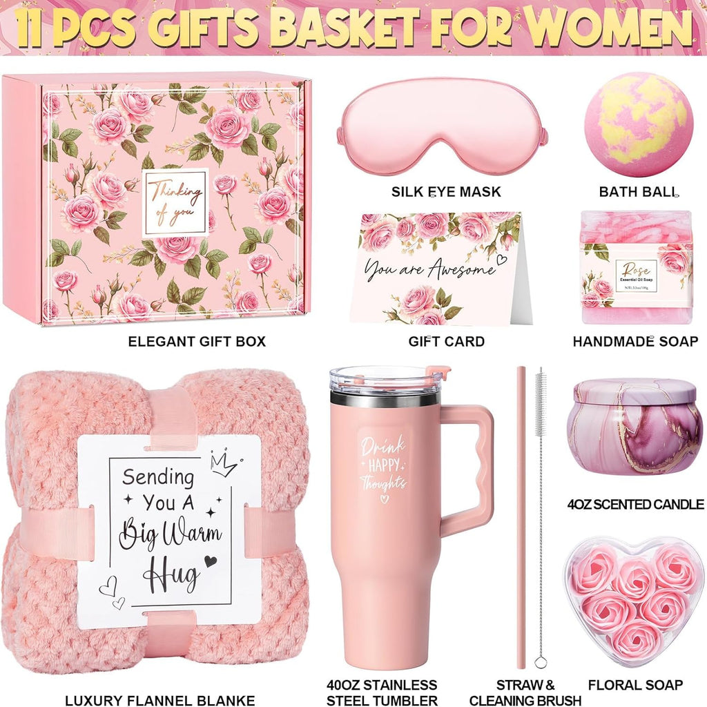 Birthday Gifts for Women Self Care Get Well Soon Gifts, Rose Relaxing Spa Gifts Box Care Package Basket w/ Luxury Flannel Blanket 40 oz Tumbler, Christmas Gifts Set for Mom Her Wife Girlfriend Sister