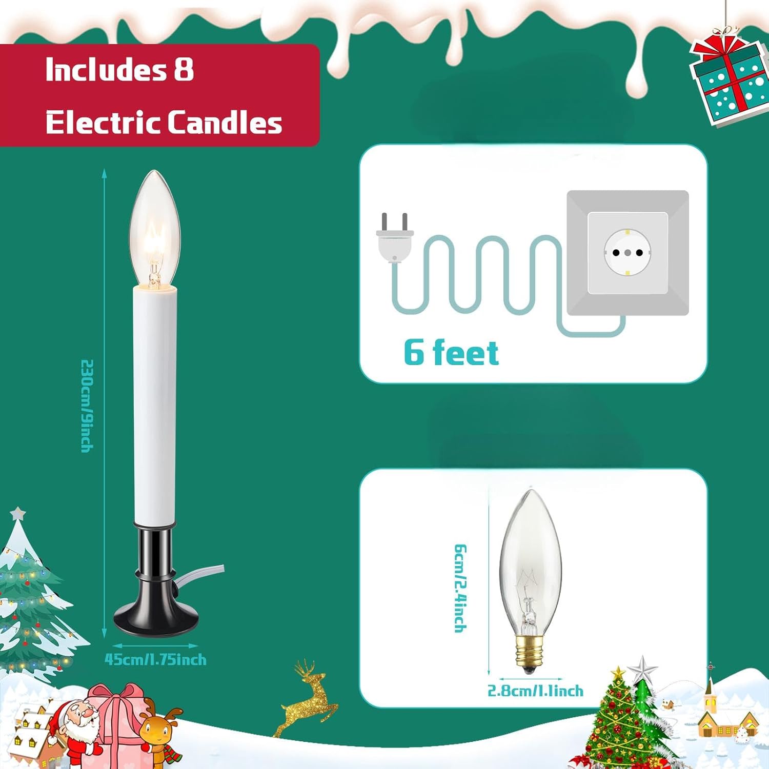 8 Pieces Electric Window Candle with Pewter Plated Base Window Candle Light Sensor Turns with Automatic On/Off for Home Christmas Holiday Party Decorations