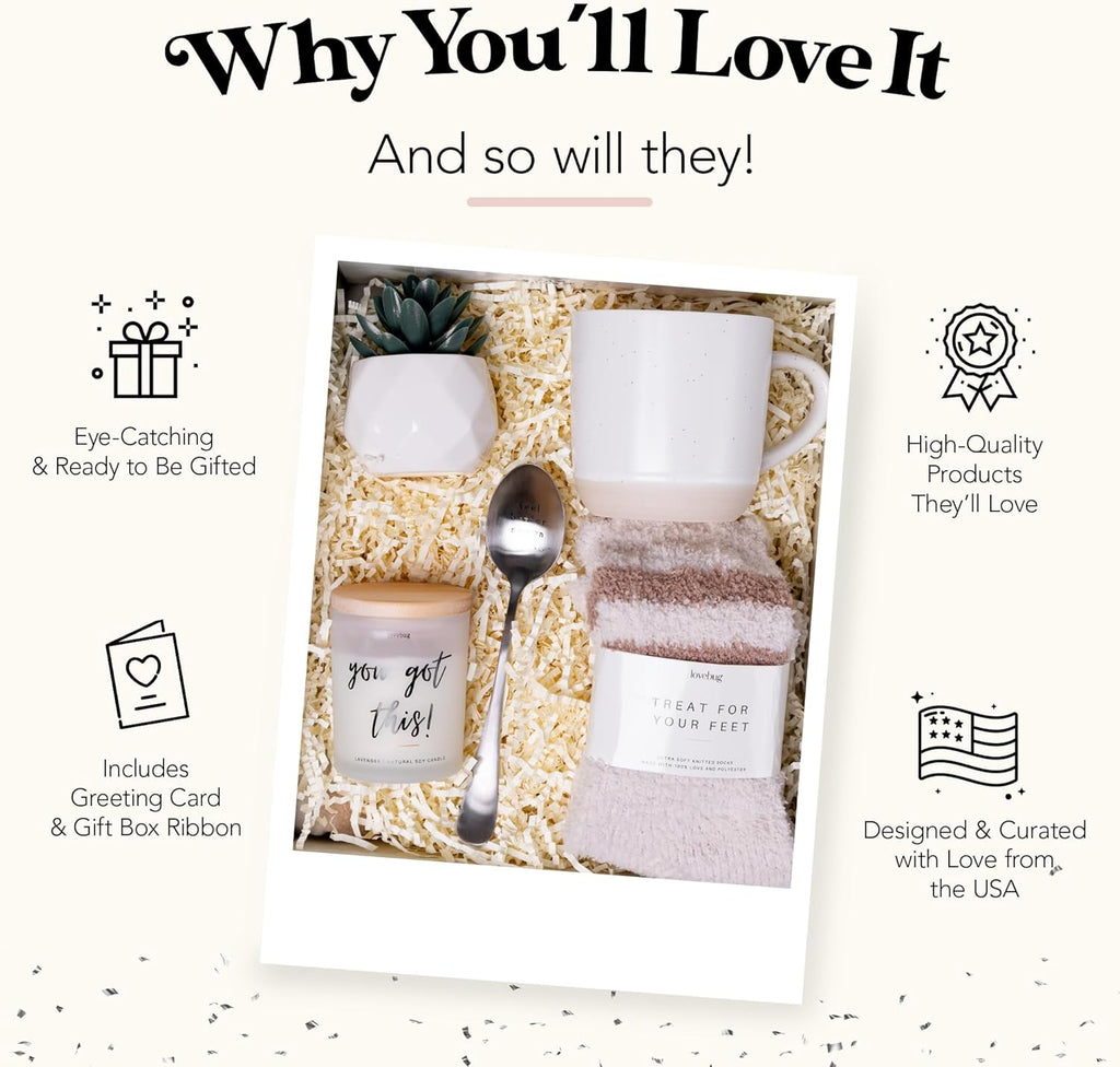 lovebug Get Well Soon Gift Basket for Women – After Surgery Gifts, Feel Better Care Package with Blanket, Candle, Socks, Mug, Spoon, Succulent – Thinking of You Self Care Gifts for Women Basket
