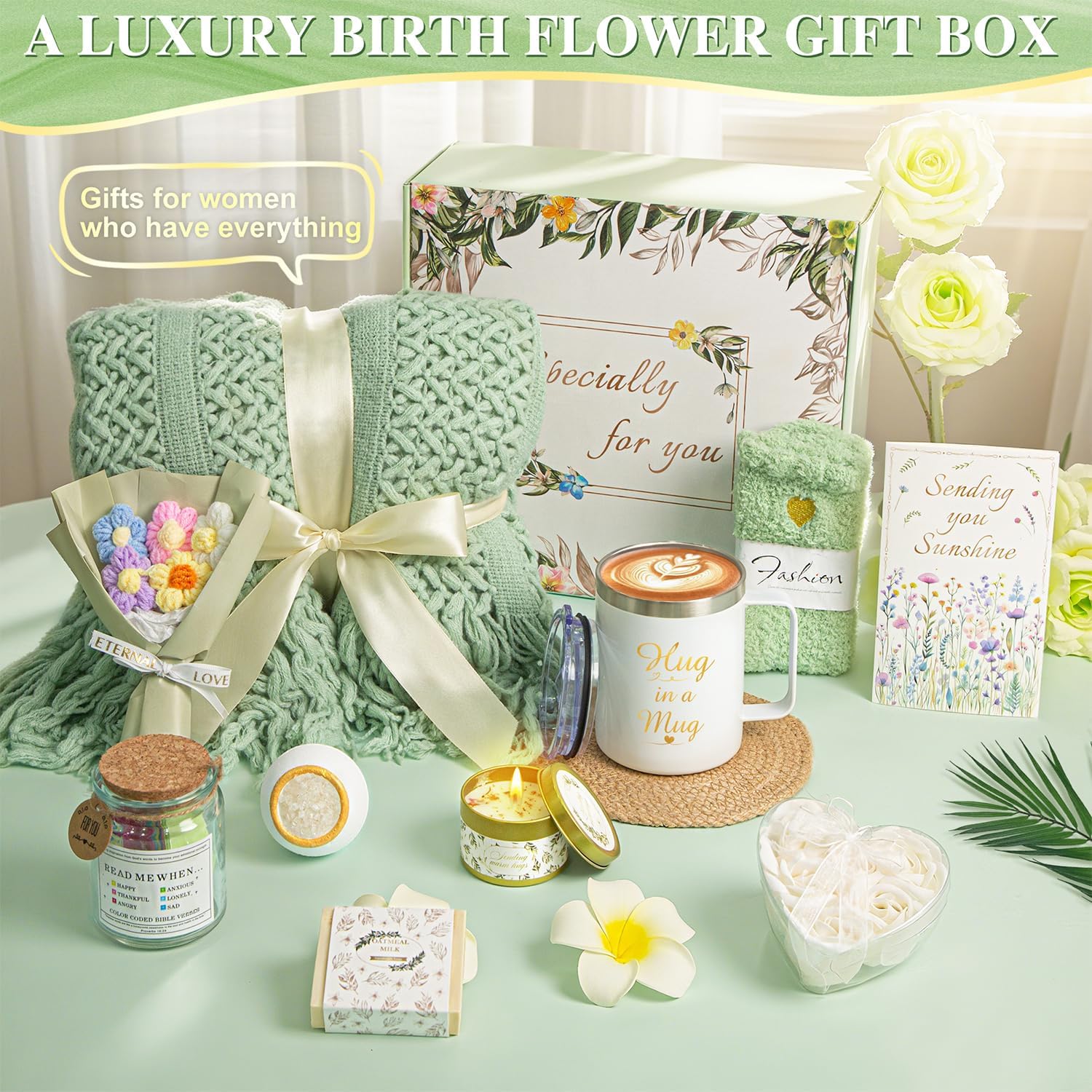 Christmas Gifts for Women, 11 PCS Unique Birthday Gifts for Women, Self Care Gift Baskets, Thank You, Get Well, Sympathy Inspirational Friendship Gifts for Mom, Grandma, Sister,Friends (Sage Green)