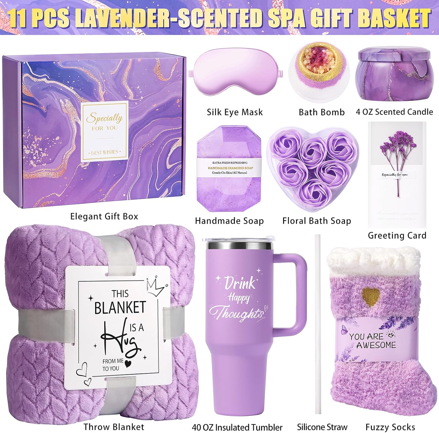 Birthday Gifts for Women Self Care Gifts Get Well Soon Gifts, Happy Birthday Spa Gift Baskets w/Flannel Blanket 40 OZ Tumbler Care Package for Mom Wife Sister Best Friend Her Daughter