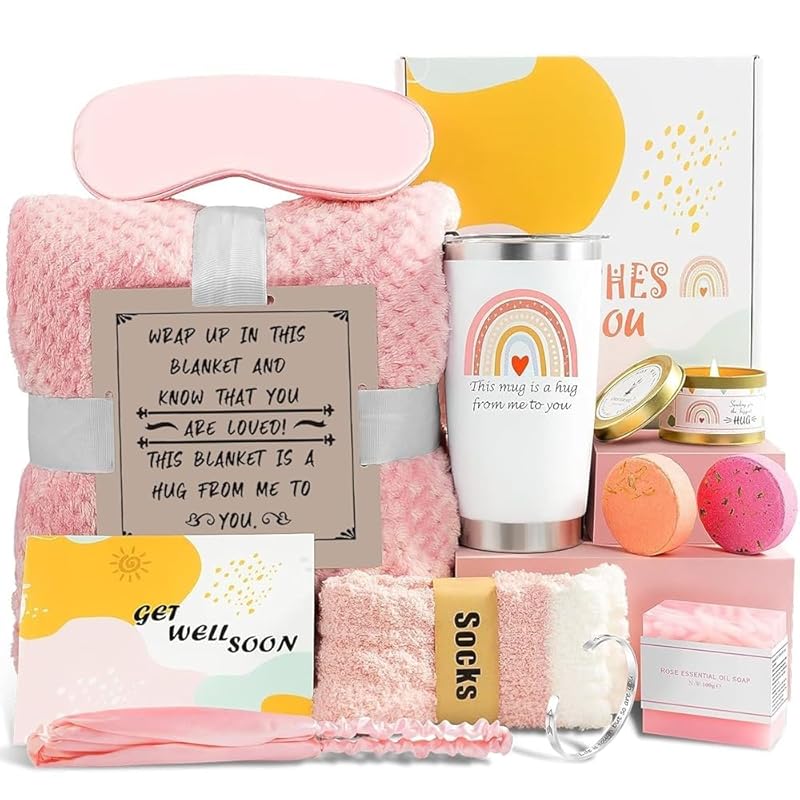 Get Well Soon Care Package for Women, 12 Pcs Deluxe Self-Care Gift Box with Pink Cozy Blanket, Tumbler, Candle & Spa Feel Better Basket – After Surgery, Thinking of You, Encouragement Recovery Gifts