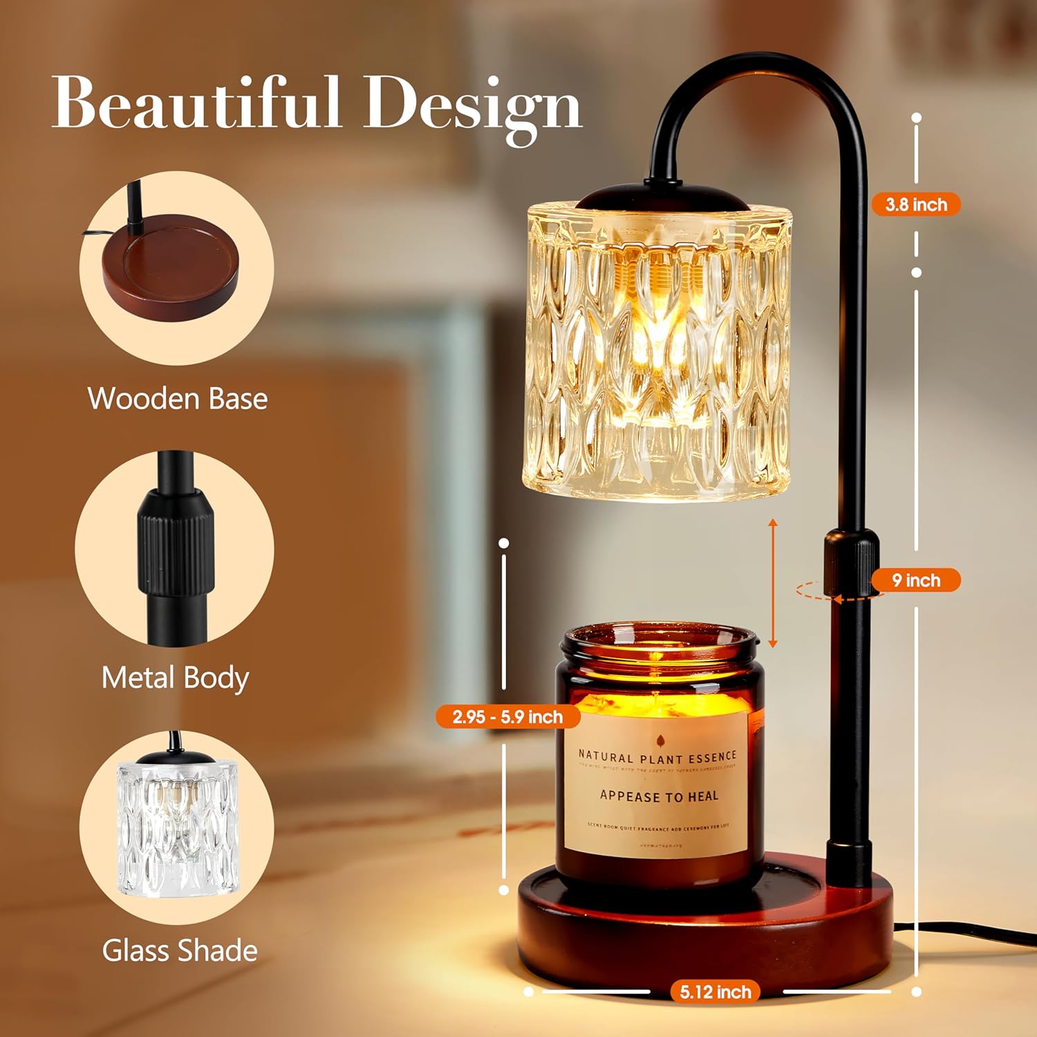 Briever Dimmable Candle Warmer Lamp with Timer, Height Adjustable Electric Candle Wax Warmer, Christmas Birthday Gifts for Women Mom, House Warming Gifts New Home Room Decor, Walnut Solid Wood Base