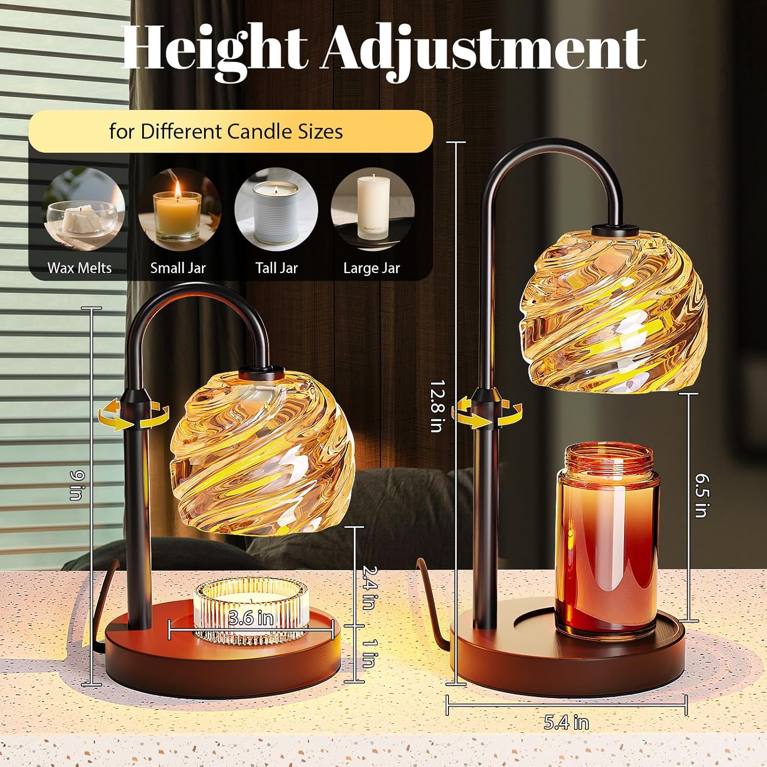 Candle Warmer Lamp with Timer Dimmer, Electric Candle Warmer with Adjustable Height for Home Decor, Christmas Birthday Gifts for Women Men Mom, Wax Melter for All Jar Sizes, 2Bulbs,Black