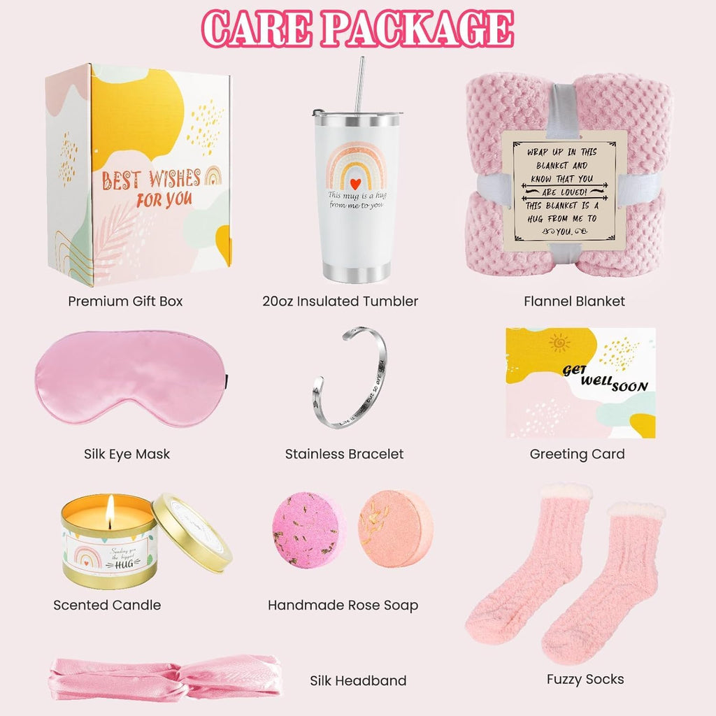 Get Well Soon Care Package for Women, 12 Pcs Deluxe Self-Care Gift Box with Pink Cozy Blanket, Tumbler, Candle & Spa Feel Better Basket – After Surgery, Thinking of You, Encouragement Recovery Gifts