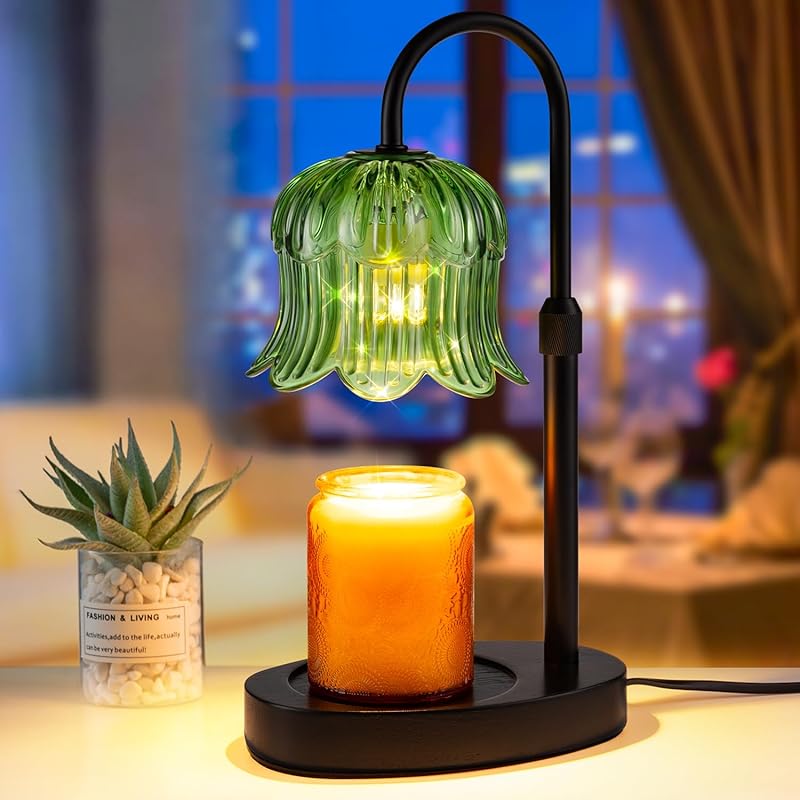 Candle Warmer Lamp with Timer: Electric Candles Wax Warmers Glass Lamps for Jar Candles Burner Adjustable Height and Dimmable Light Modern No Flame Scented Candle Warming Lantern, Amber