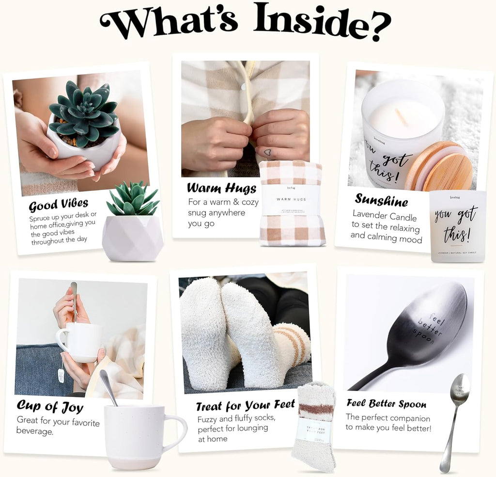 lovebug Get Well Soon Gift Basket for Women – After Surgery Gifts, Feel Better Care Package with Blanket, Candle, Socks, Mug, Spoon, Succulent – Thinking of You Self Care Gifts for Women Basket