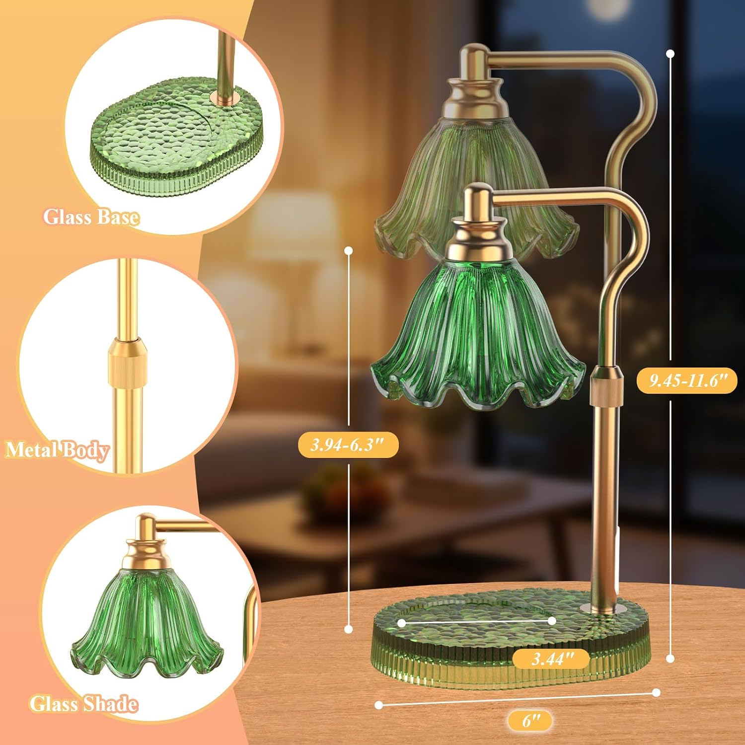 Candle Warmer Lamp with Adjustable Height - Flameless 4-Level Dimmable Wax Warmer, Timer Function & Stylish Design in Multiple Colors (Green)