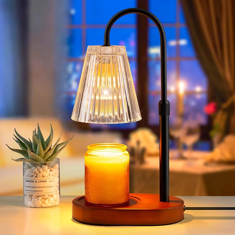 Candle Warmer Lamp with Timer: Electric Candles Wax Warmers Glass Lamps for Jar Candles Burner Adjustable Height and Dimmable Light Modern No Flame Scented Candle Warming Lantern, Amber