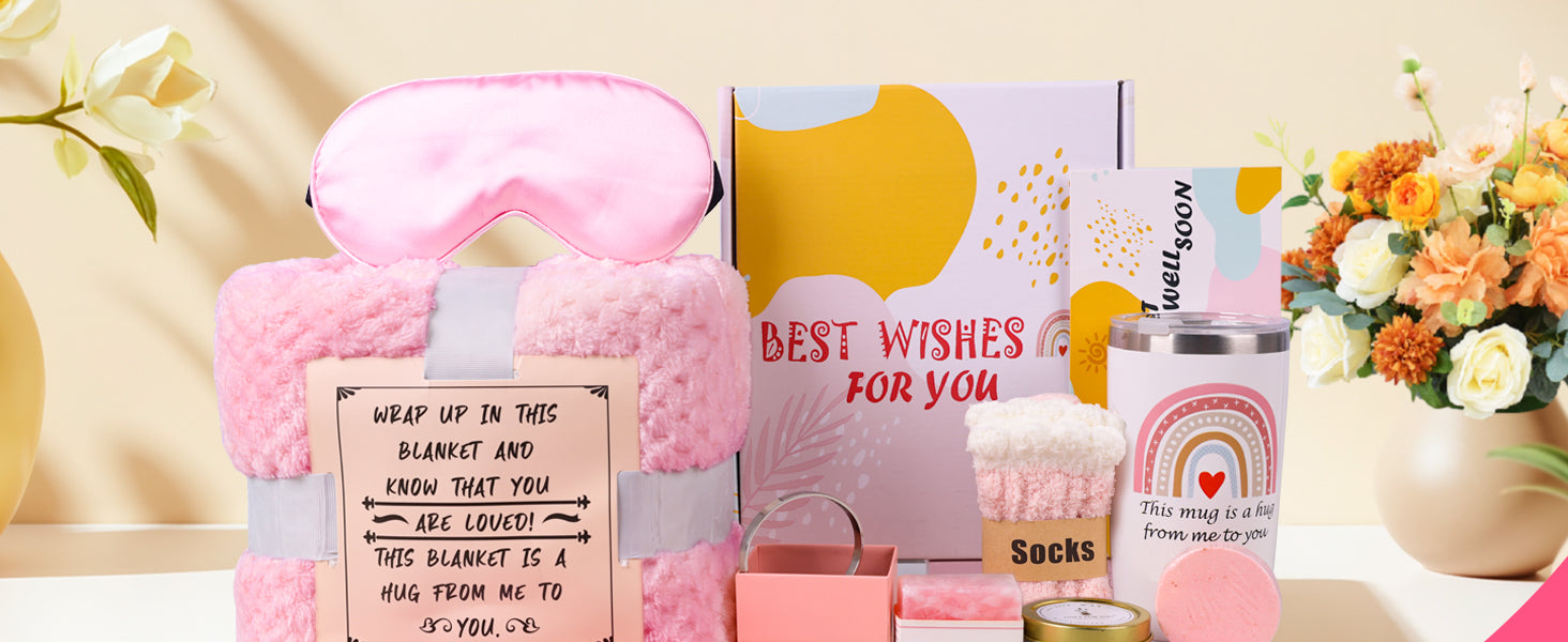 Get Well Soon Care Package for Women, 12 Pcs Deluxe Self-Care Gift Box with Pink Cozy Blanket, Tumbler, Candle & Spa Feel Better Basket – After Surgery, Thinking of You, Encouragement Recovery Gifts
