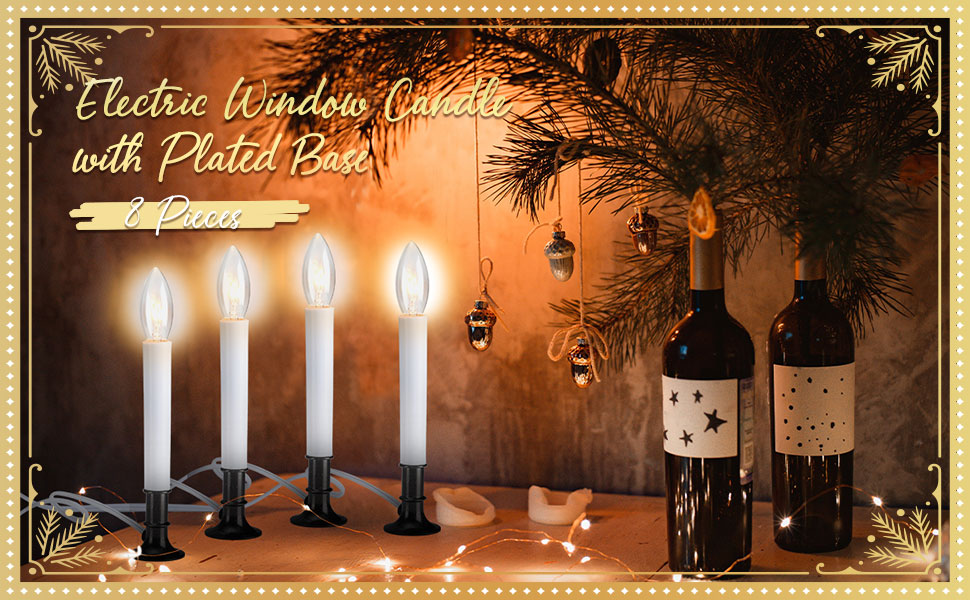 8 Pieces Electric Window Candle with Pewter Plated Base Window Candle Light Sensor Turns with Automatic On/Off for Home Christmas Holiday Party Decorations