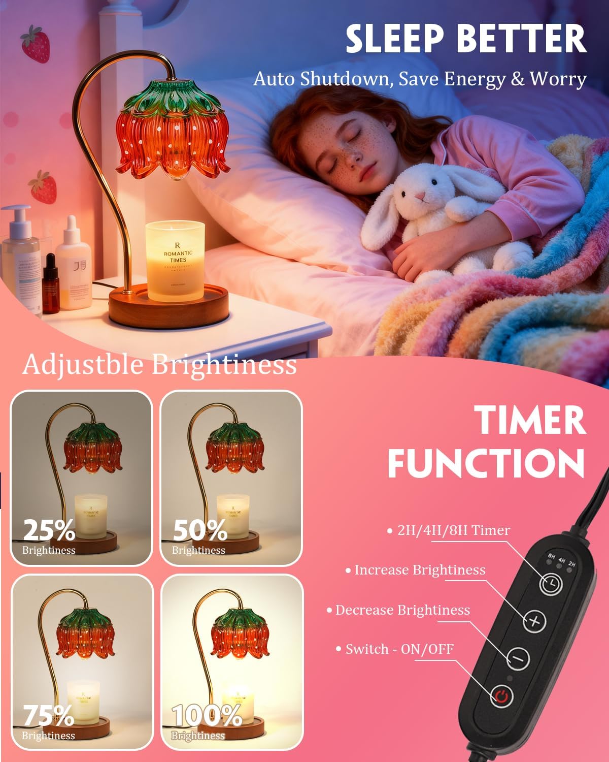 Strawberry Candle Warmer Lamp, Cute Candle Lamp with Timer & Dimmable, Birthday Christmas Gifts for Women Mom, House Warming Gift New Home, Lotus Wax Melt Warmer for Yankee Village Candles