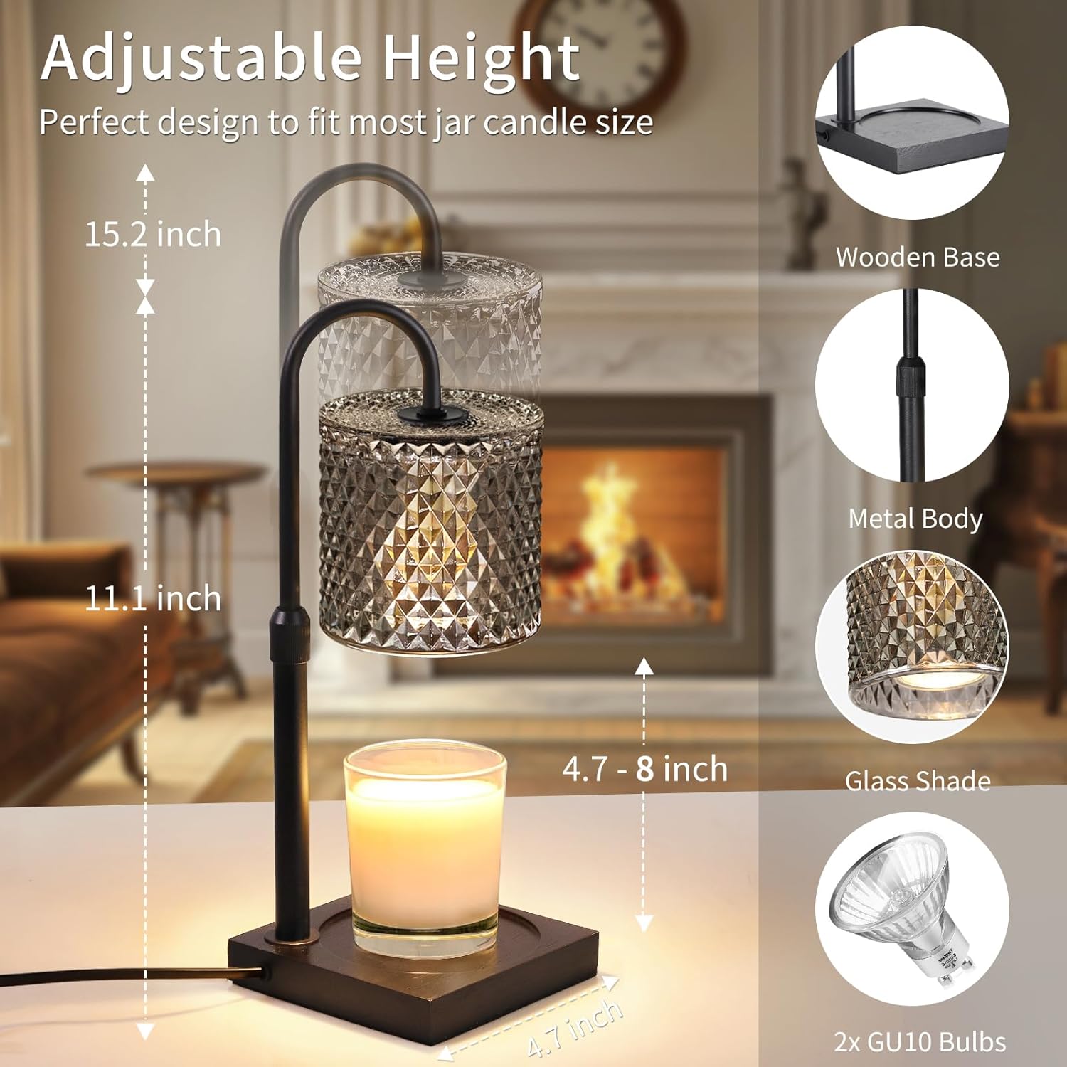 Candle Warmer Lamp with Timer Dimmer Adjustable Height, Candle Warmer with 2 Bulbs for Jar Candles, Home Decor, Women Brithday