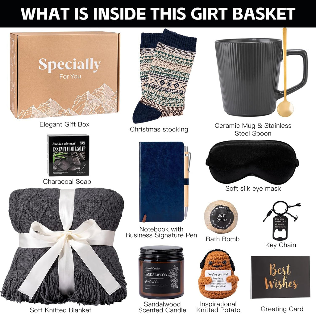 Get Well Soon Gift Baskets for Men, Christmas Birthday Gifts Basket for Man, Self Care Package with Plush Blanket Mug Socks, Thinking Of You/After Surgery/Sympathy Gift for Men Dad Brother Husband