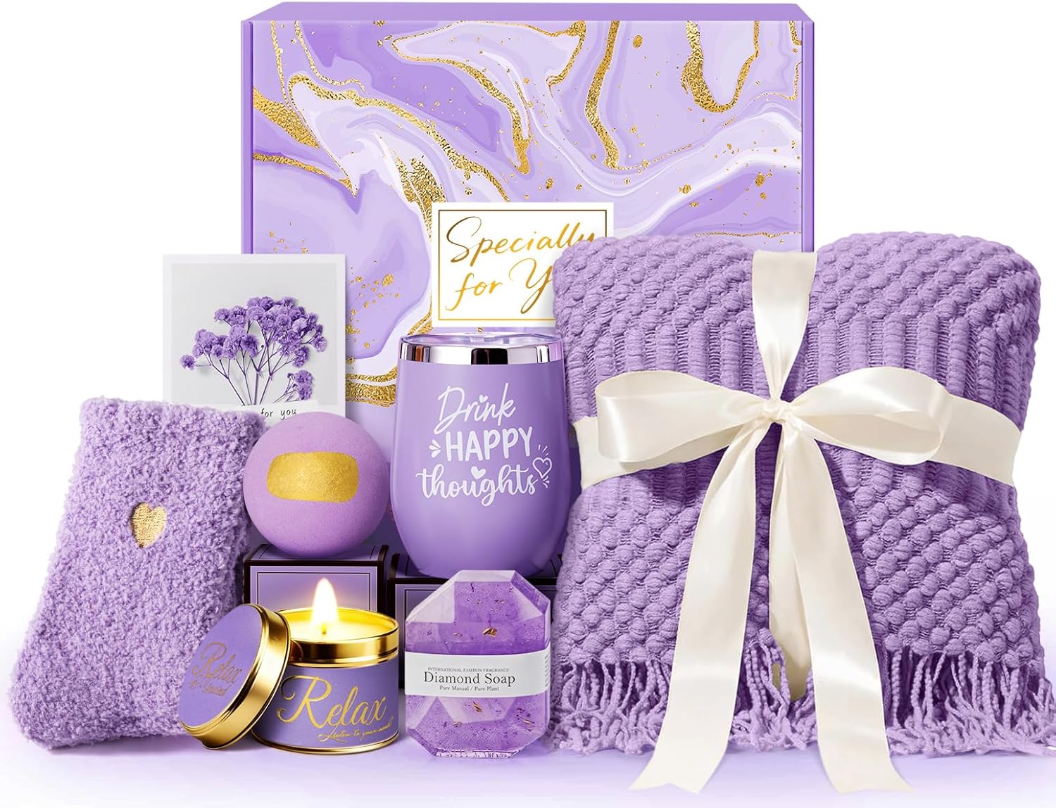 Christmas Gifts for Women, Self Care Get Well Soon Gifts, Lavender Relaxing Spa Gift Basket Care Package w/Blanket, Mothers Day Valentines Birthday Gifts for Mom Grandma Wife Girlfriend Sister Friends