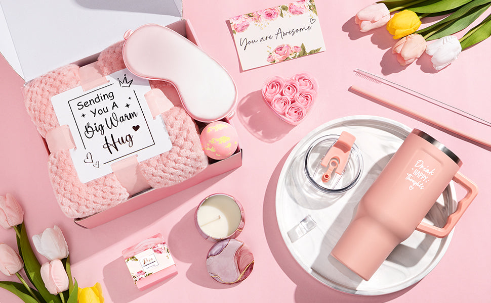 Birthday Gifts for Women Self Care Get Well Soon Gifts, Rose Relaxing Spa Gifts Box Care Package Basket w/ Luxury Flannel Blanket 40 oz Tumbler, Christmas Gifts Set for Mom Her Wife Girlfriend Sister