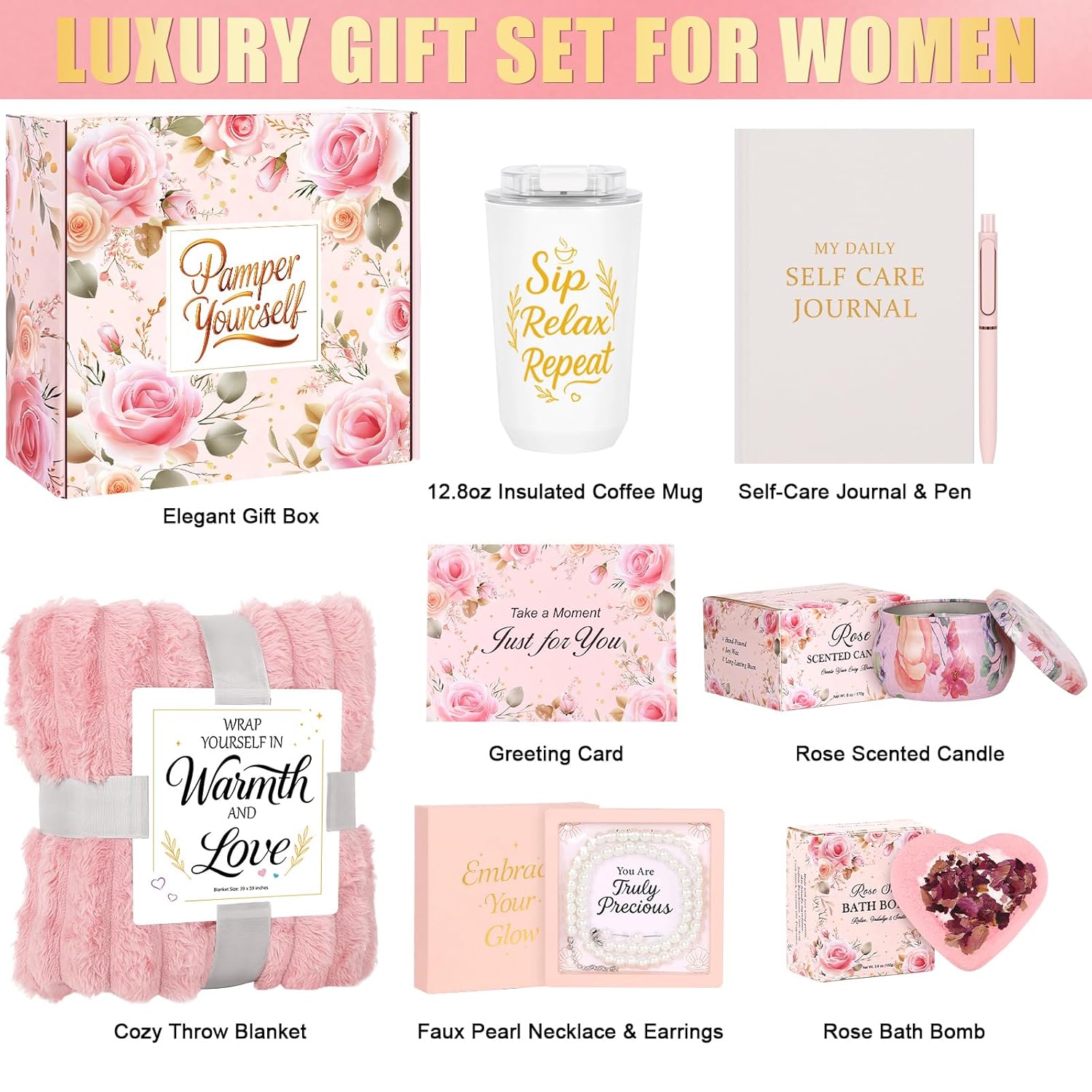 Self Care Gifts for Women Get Well Soon Gift Baskets, Unique Birthday Gifts Spa Care Package, Relaxing Christmas Stocking Stuffers for Women Gift for Mom Her Sister Best Friend Girlfriend Rose