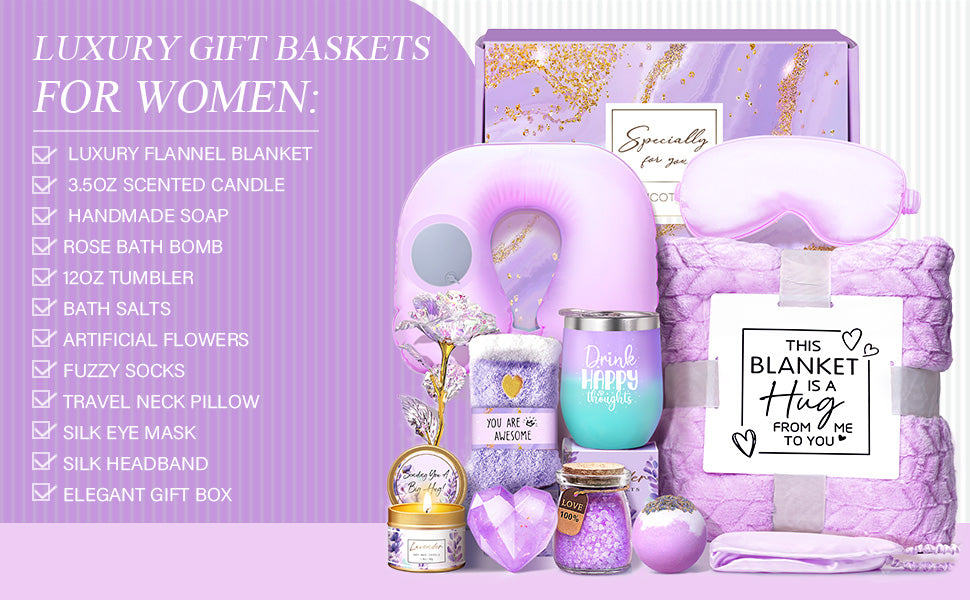 LUCOTIYA Birthday Gifts for Women, Self Care Gifts for Women Get Well Soon Care Package, Lavender Relaxing Spa Gift Basket, Unique for Mom, Friends, Sister, Grandma