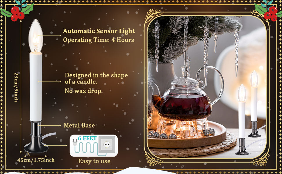 8 Pieces Electric Window Candle with Pewter Plated Base Window Candle Light Sensor Turns with Automatic On/Off for Home Christmas Holiday Party Decorations