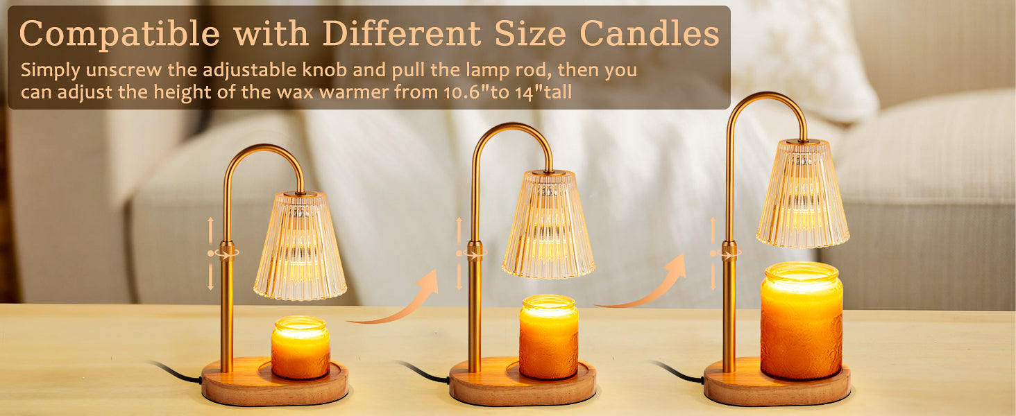 Candle Warmer Lamp with Timer: Electric Candles Wax Warmers Glass Lamps for Jar Candles Burner Adjustable Height and Dimmable Light Modern No Flame Scented Candle Warming Lantern, Amber
