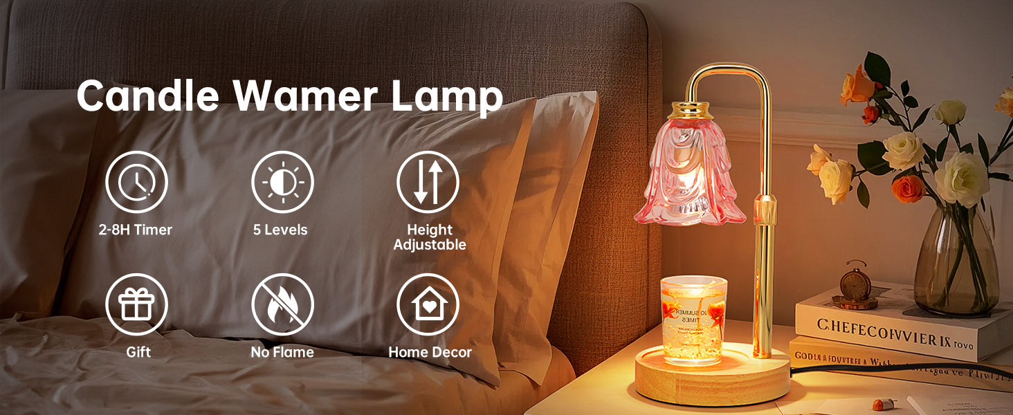 Candle Warmer Lamp with Timer Dimmer, Adjustable Height Pink Tulip Candle Wax Warmer, Christmas Birthday Gift for Mom Women, House Warming Gifts for New Home Bedroom Decor,Flower Pink