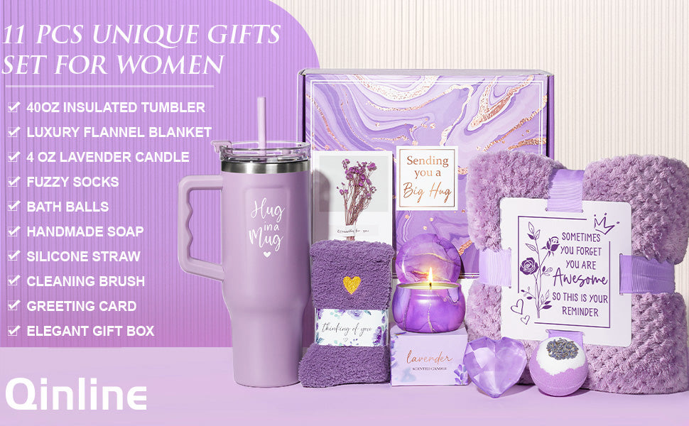 Birthday Gifts for Women Self Care Gifts Get Well Soon Gifts, Lavender Relaxing Spa Gifts Basket Care Package w/ Flannel Blanket 40 OZ Tumbler, Christmas Gifts for Mom Wife Grandma Friends Sisters Her