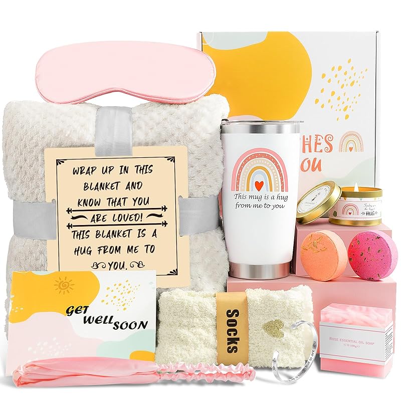 Get Well Soon Care Package for Women, 12 Pcs Deluxe Self-Care Gift Box with Pink Cozy Blanket, Tumbler, Candle & Spa Feel Better Basket – After Surgery, Thinking of You, Encouragement Recovery Gifts