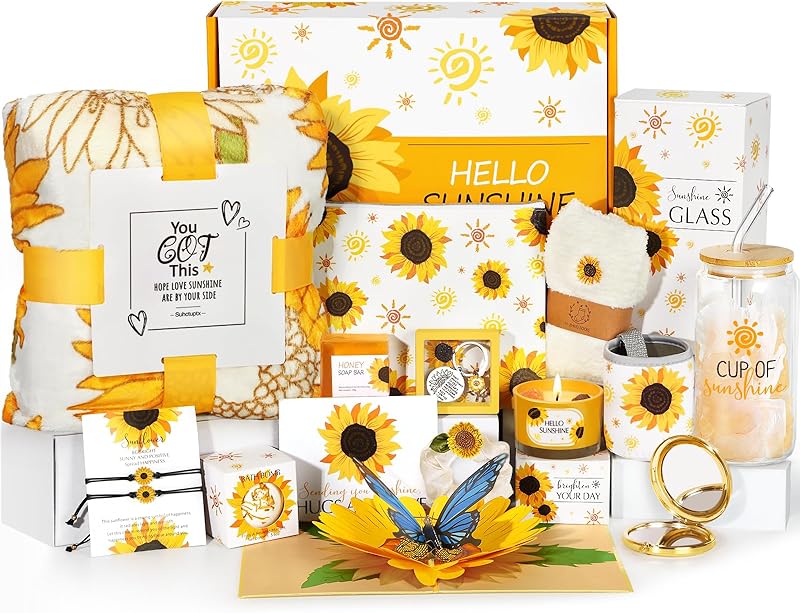 Get Well Soon Gift Baskets for Women, 9pcs Care Package for Women, After Surgery Recovery Gifts, Feel Better Set Thinking Of You - Sending You Hug Sunshine Box for Sick Friend