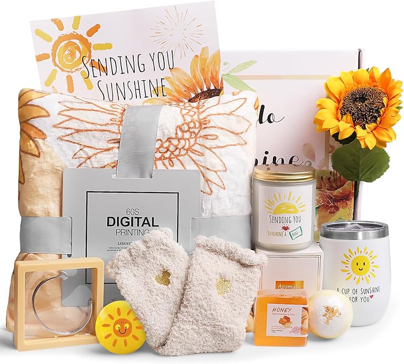 Birthday Gifts for Women, Sending Sunshine Christmas Gifts, Get Well Soon Gifts Basket Care Package Unique Spa Gifts Box with Wine Glasses for Thinking of You Her Sister Best Friend