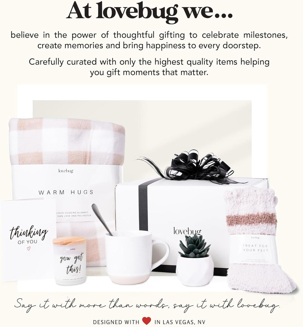 lovebug Get Well Soon Gift Basket for Women – After Surgery Gifts, Feel Better Care Package with Blanket, Candle, Socks, Mug, Spoon, Succulent – Thinking of You Self Care Gifts for Women Basket