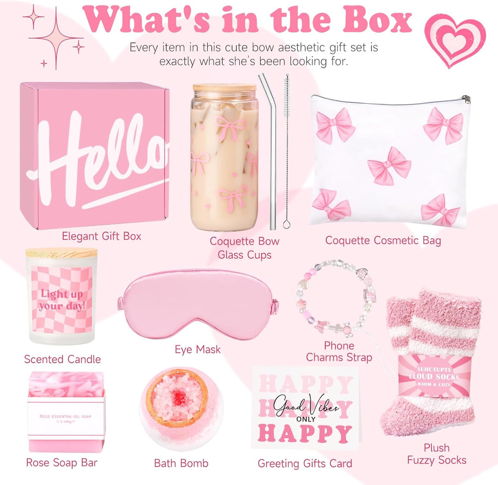 Gift Baskets for Women, 9pcs Birthday Gifts for Teenage Girls, Best Christmas Ideas Box w/Coquette Bow Aesthetic Cup Trendy Stuff for Her Teen Girl Sister Friend Friendship Sweet 16th 18th 21st Bday