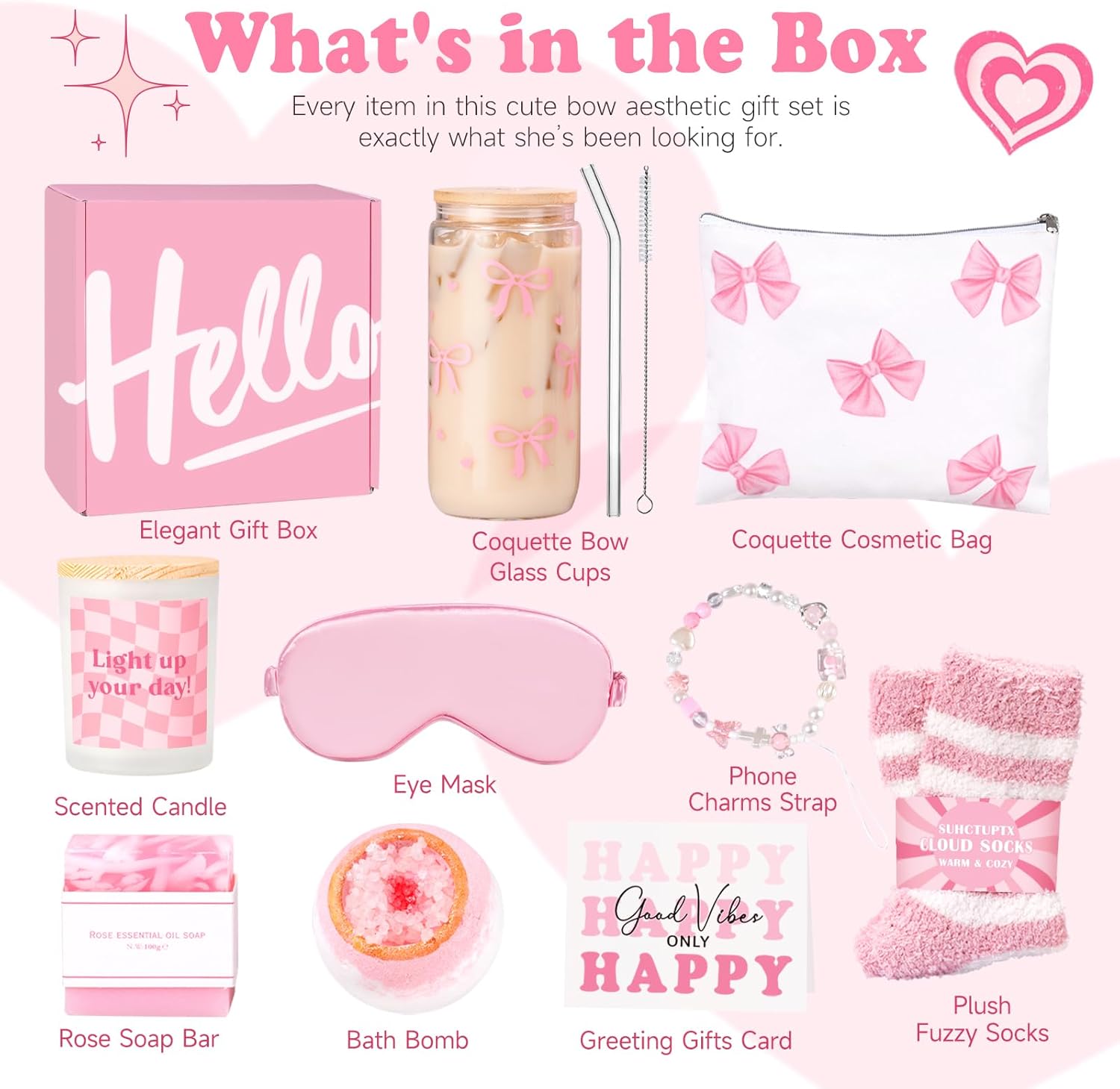 Gift Baskets for Women, 9pcs Birthday Gifts for Teenage Girls, Best Christmas Ideas Box w/Coquette Bow Aesthetic Cup Trendy Stuff for Her Teen Girl Sister Friend Friendship Sweet 16th 18th 21st Bday