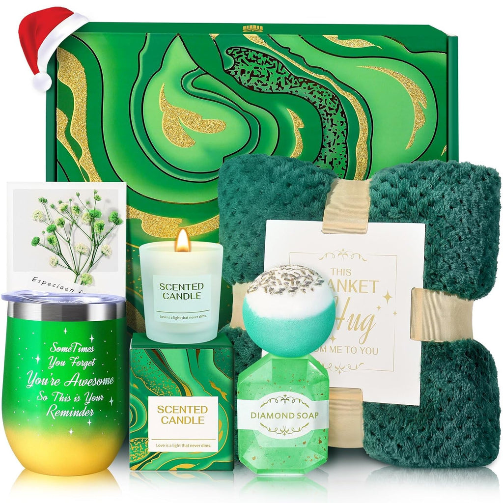 Christmas Gifts for Women, Christmas Birthday Gifts for Women, Green Get Well Soon Self Care Gifts Relaxing Spa Basket with Luxury Flannel Blanket for Mom Christmas Sister Wife Girlfriend