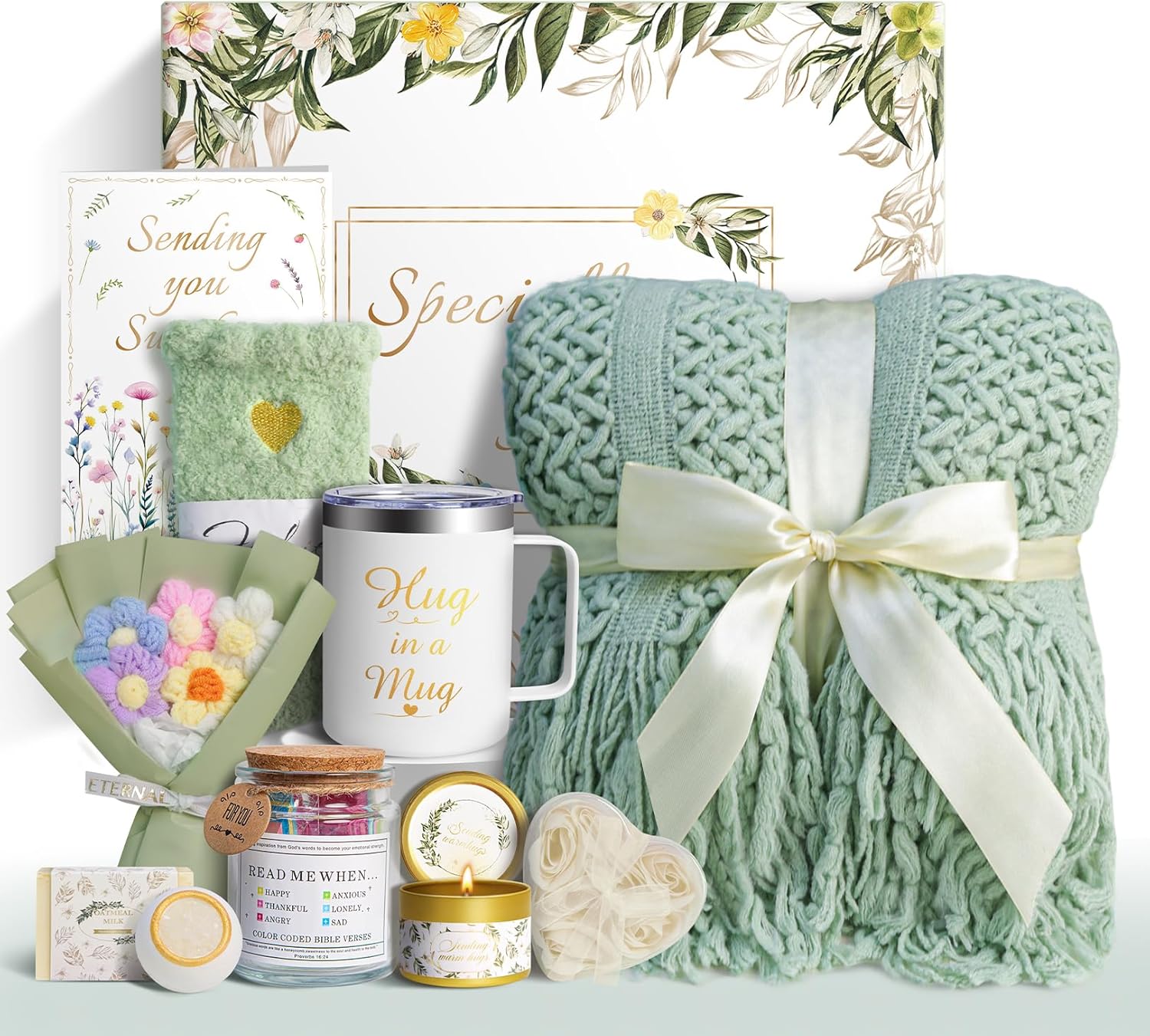 Christmas Gifts for Women, 11 PCS Unique Birthday Gifts for Women, Self Care Gift Baskets, Thank You, Get Well, Sympathy Inspirational Friendship Gifts for Mom, Grandma, Sister,Friends (Sage Green)