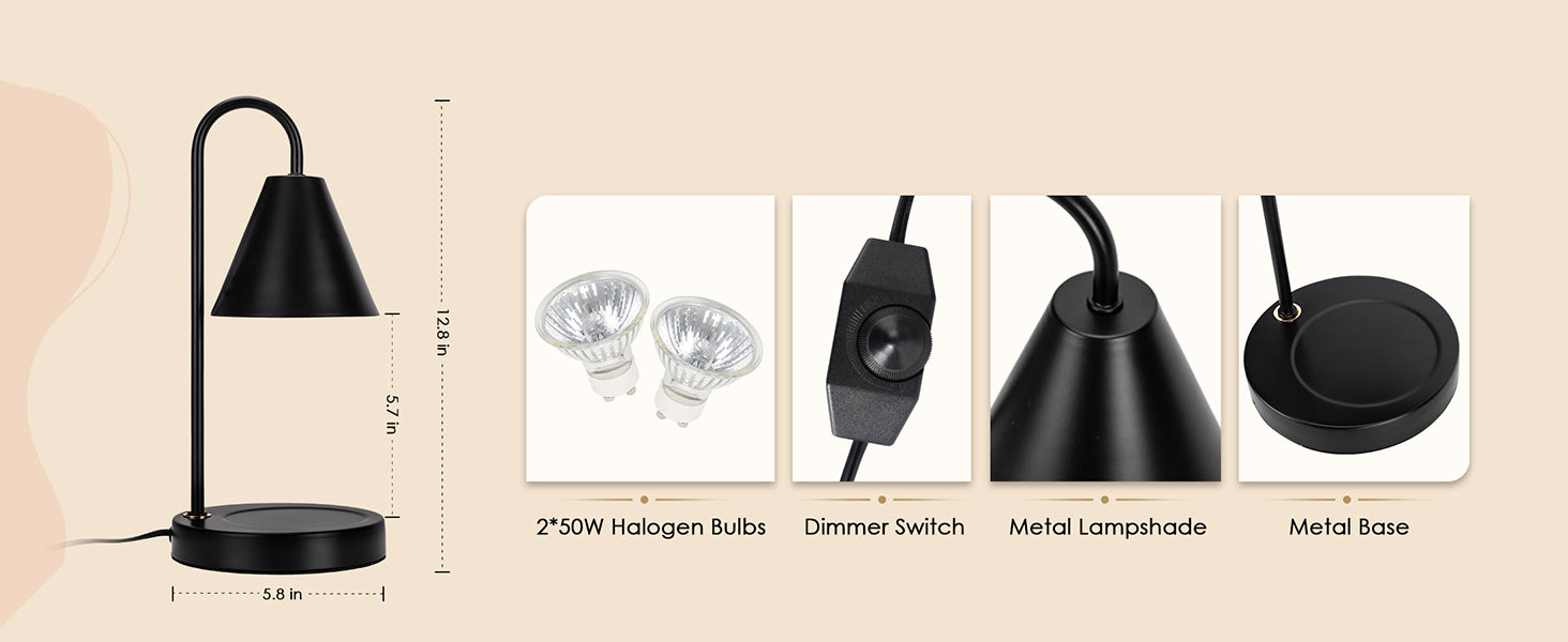 Candle Warmer Lamp,Electric Candle Warmer with Dimmable Light,Scented Wax Melter,No Smoke,Compatible with Various Jar,with 2 Light Bulbs,Home Decor-Black