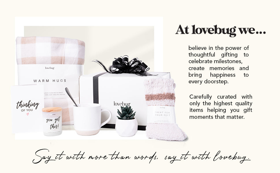 lovebug Get Well Soon Gift Basket for Women – After Surgery Gifts, Feel Better Care Package with Blanket, Candle, Socks, Mug, Spoon, Succulent – Thinking of You Self Care Gifts for Women Basket