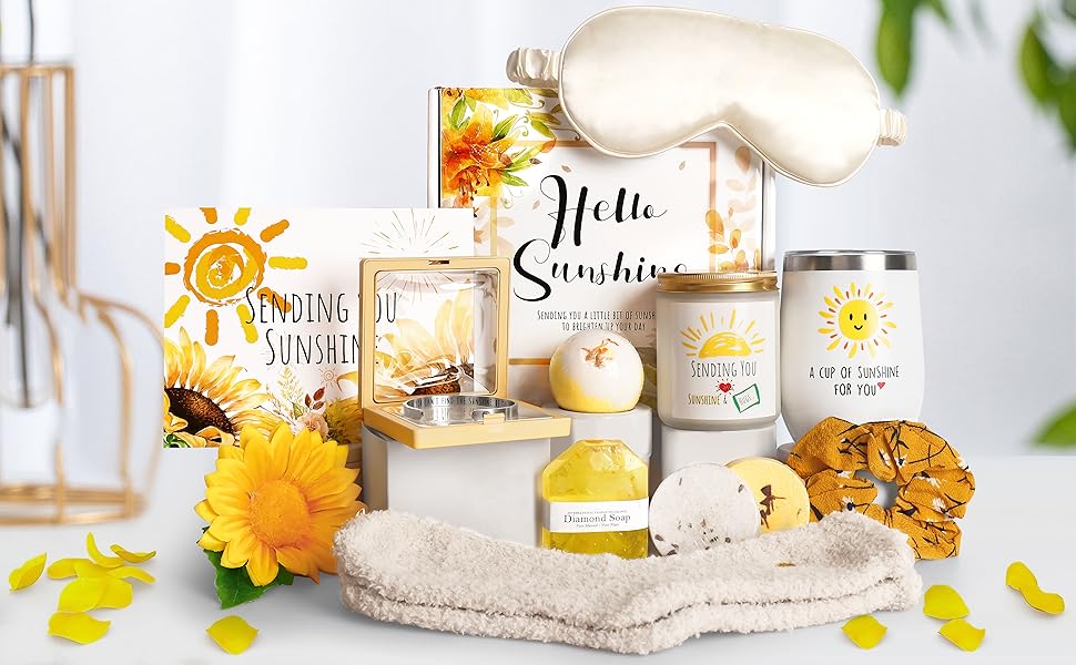 Birthday Gifts for Women, Sending Sunshine Christmas Gifts, Get Well Soon Gifts Basket Care Package Unique Spa Gifts Box with Wine Glasses for Thinking of You Her Sister Best Friend