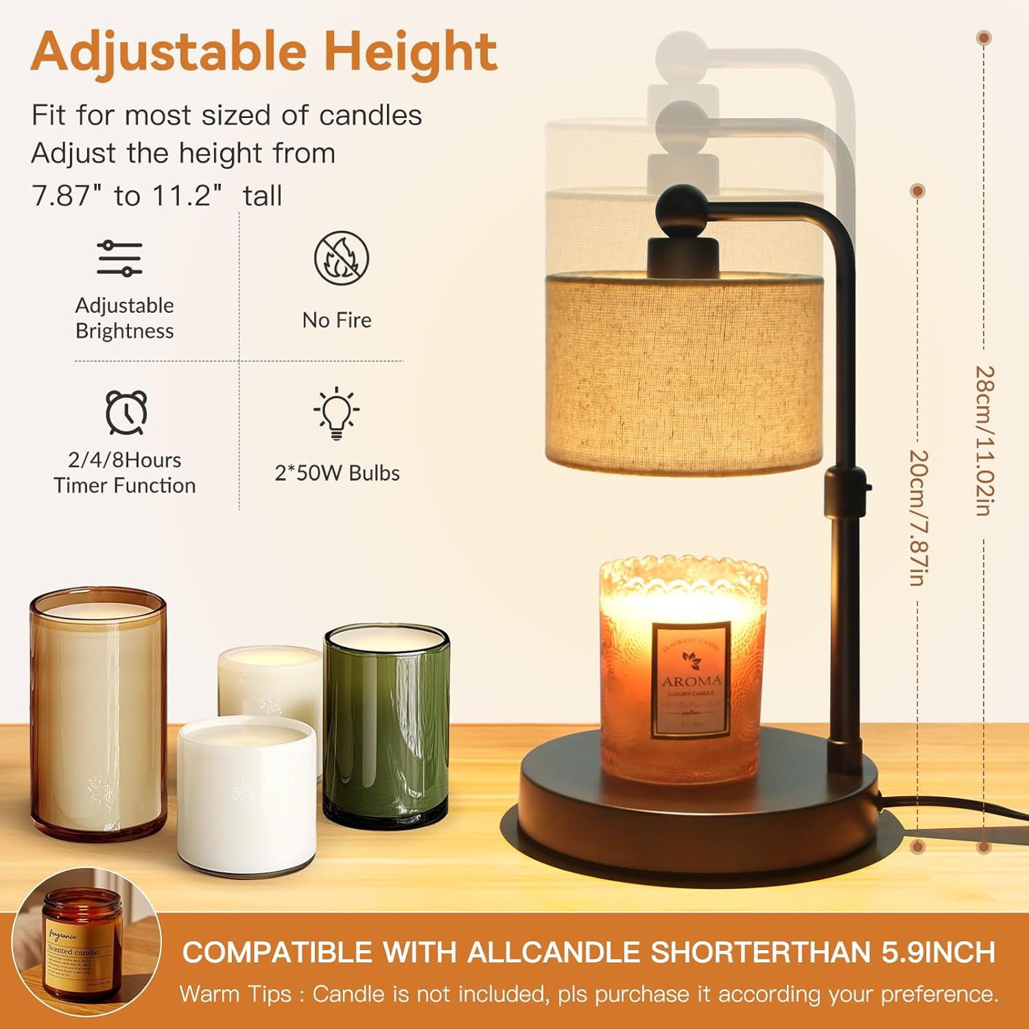 Candle Warmer Lamp with Timer, Height Adjustable Electric Candle Warmer Lamp with 2 Bulbs, House Warming Gifts, Vintage Bedroom Decor Compatible with Various Candles, Chritstmas Gifts Birthday Gifts