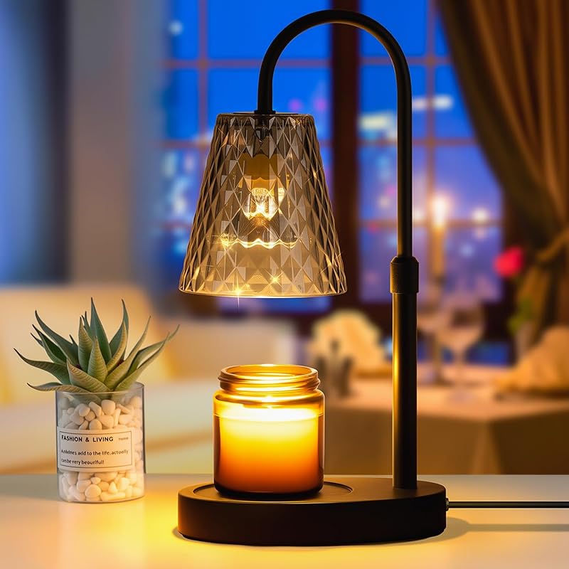 Candle Warmer Lamp with Timer: Electric Candles Wax Warmers Glass Lamps for Jar Candles Burner Adjustable Height and Dimmable Light Modern No Flame Scented Candle Warming Lantern, Amber